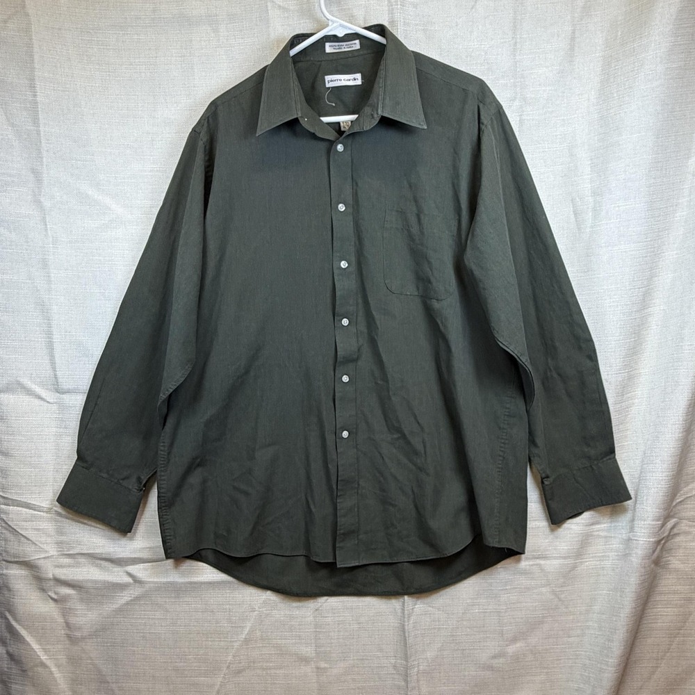 Pierre Cardin Dress Shirt Mens 16.5 34/35 Green Solid Long Sleeve Classic Fit